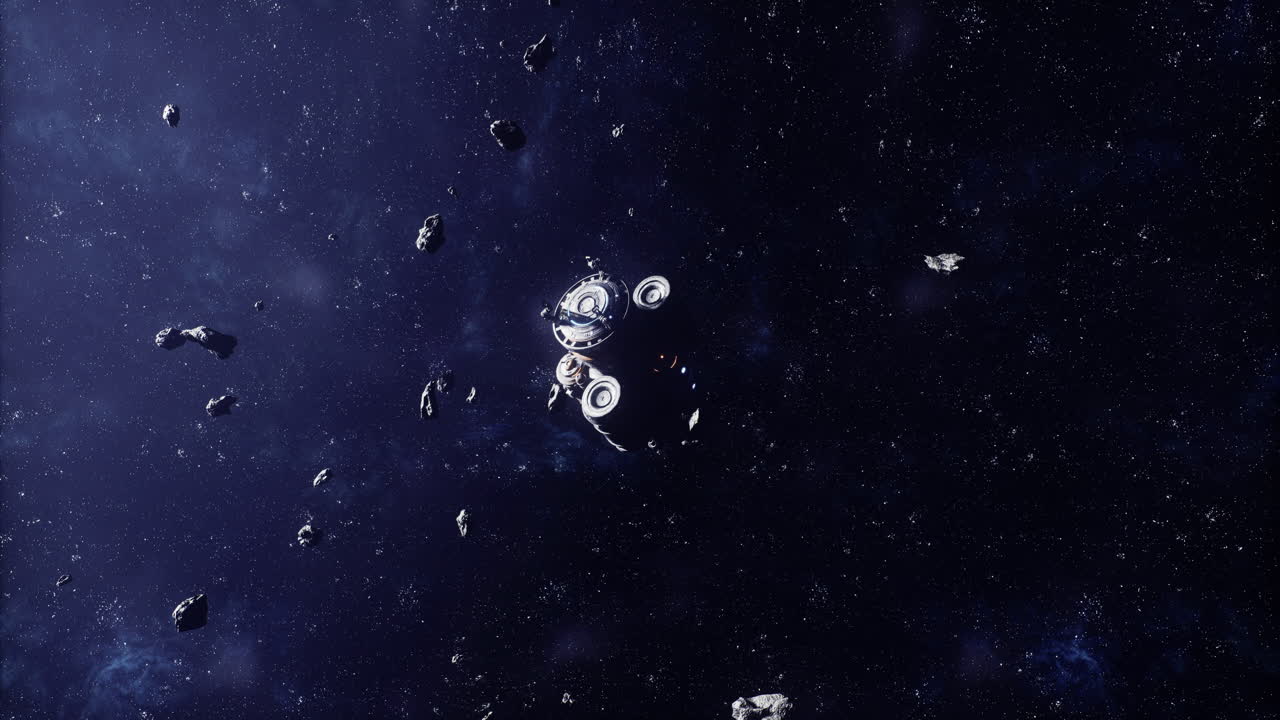 Space station navigating through a field of asteroids in deep space
