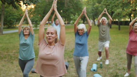 group of senior people practicing yoga in park with female coach