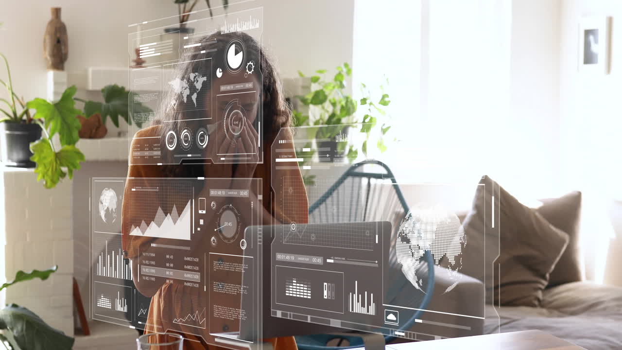 animación de estadísticas y procesamiento de datos sobre mujeres caucásicas usando computadora portátil