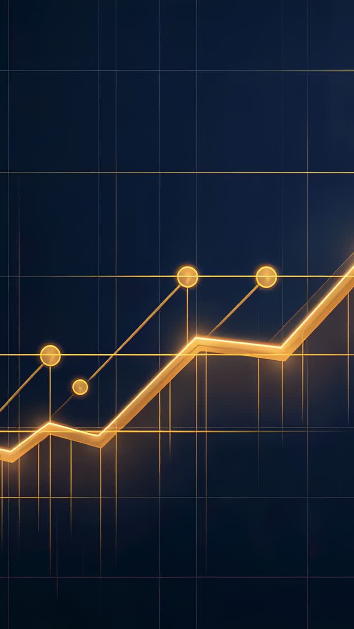 Vertical video: Animating orange line chart on play across navy grid, showing rising data nodes