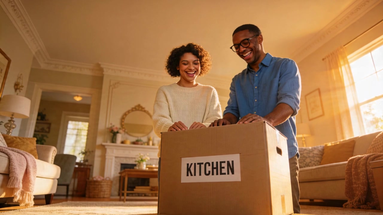 Glancing couple laughing, lowering hands on KITCHEN box at home, preparing to unpack in sweater