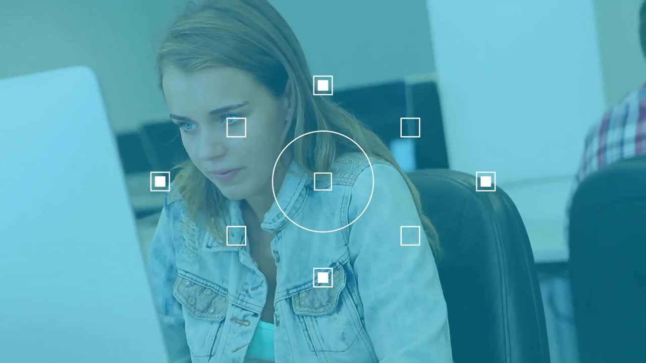 animación de formas que se mueven sobre un grupo de estudiantes utilizando computadoras