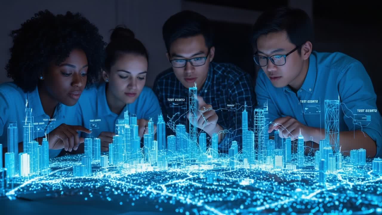 A group of diverse professionals engages in digital city planning, analyzing a glowing holographic 3D model of an urban landscape with intricate data visualizations and connectivity