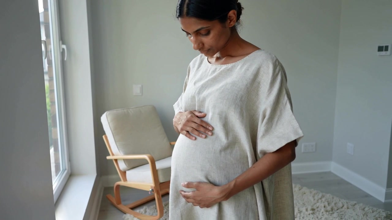 Standing pregnant woman looking down, cradling belly, shifting hands by window at home in tan dress