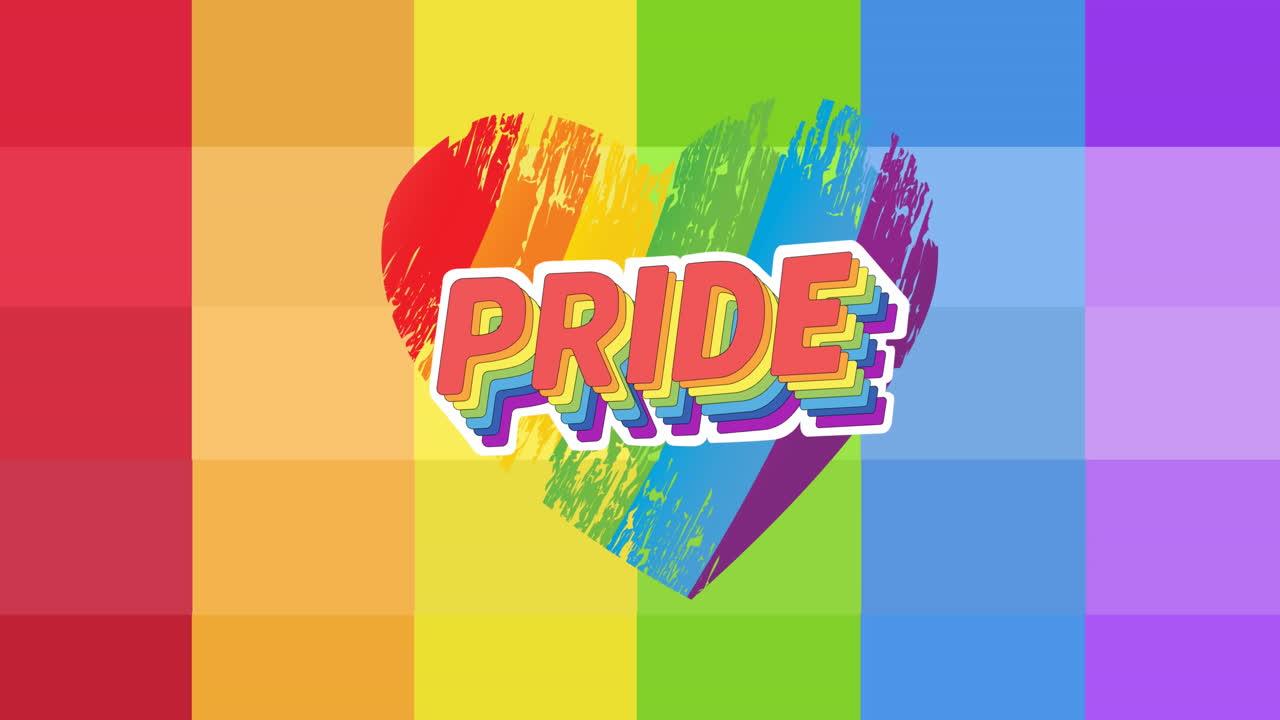 Animation of pride text over heart and rainbow stripes