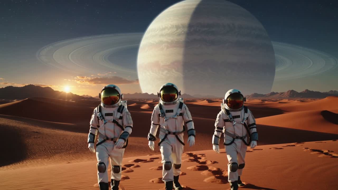 Kameraet zoomer ind, tre astronauter i rumdragter går som besætning over røde klitter, passerende en ringplanet.
