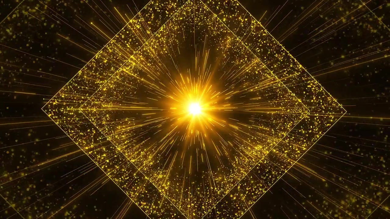 Sfondo esplosione di diamanti dorati, bagliore luminoso, contorni geometrici, particelle scintillanti, movimento radioso.