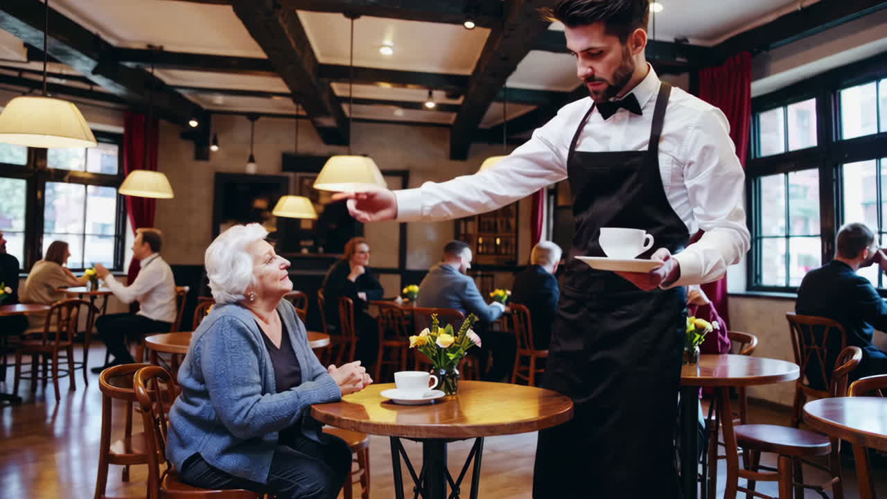 Waiter Serving Customers in a Cafe