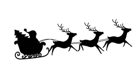 Digital-animation-of-black-silhouette-of-santa-claus-and-christmas-tree-in-sleigh-being-pulled-by-re