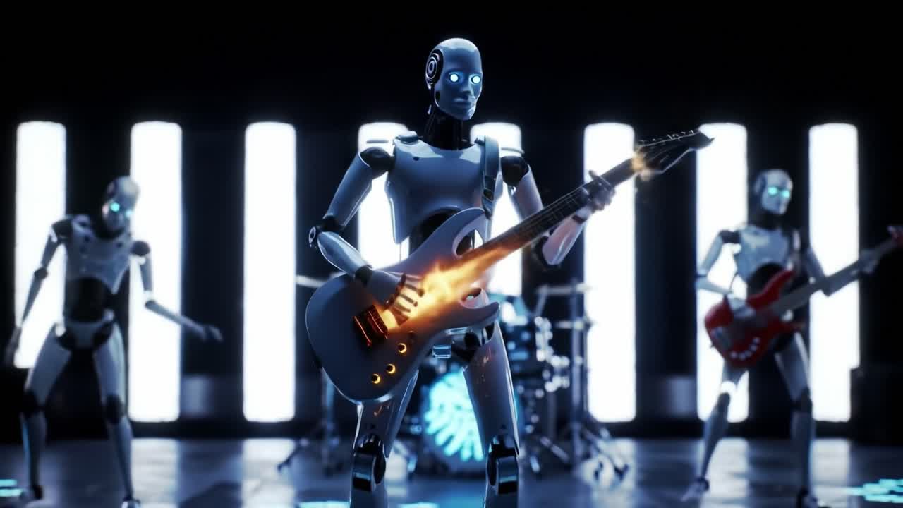 A group of humanoid robots showcases their musical talent on stage, playing electric guitars and creating an energetic atmosphere. The setting features vibrant lighting and a modern aesthetic.