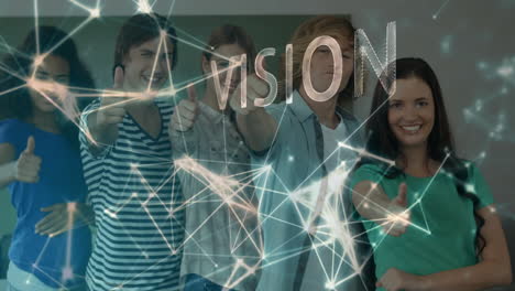 vision text and network connections animation over diverse group of smiling people