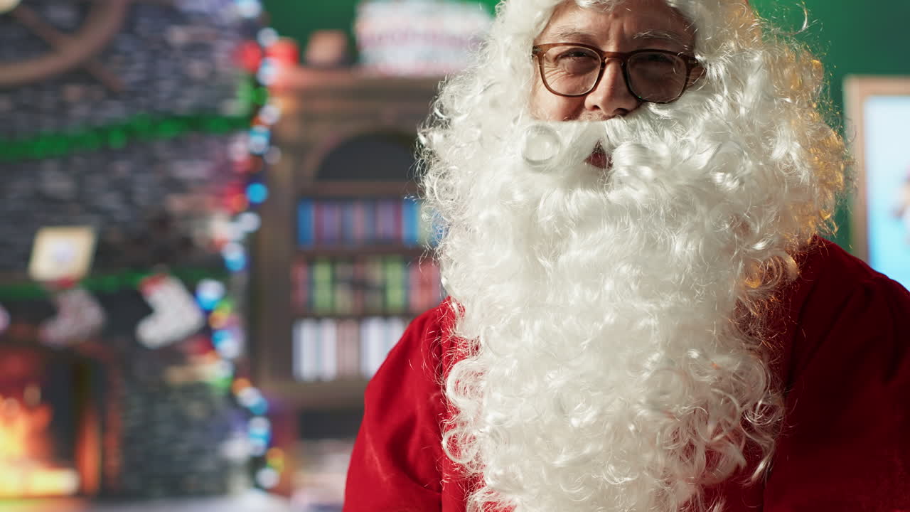 Santa Claus reading a letter by the fireplace