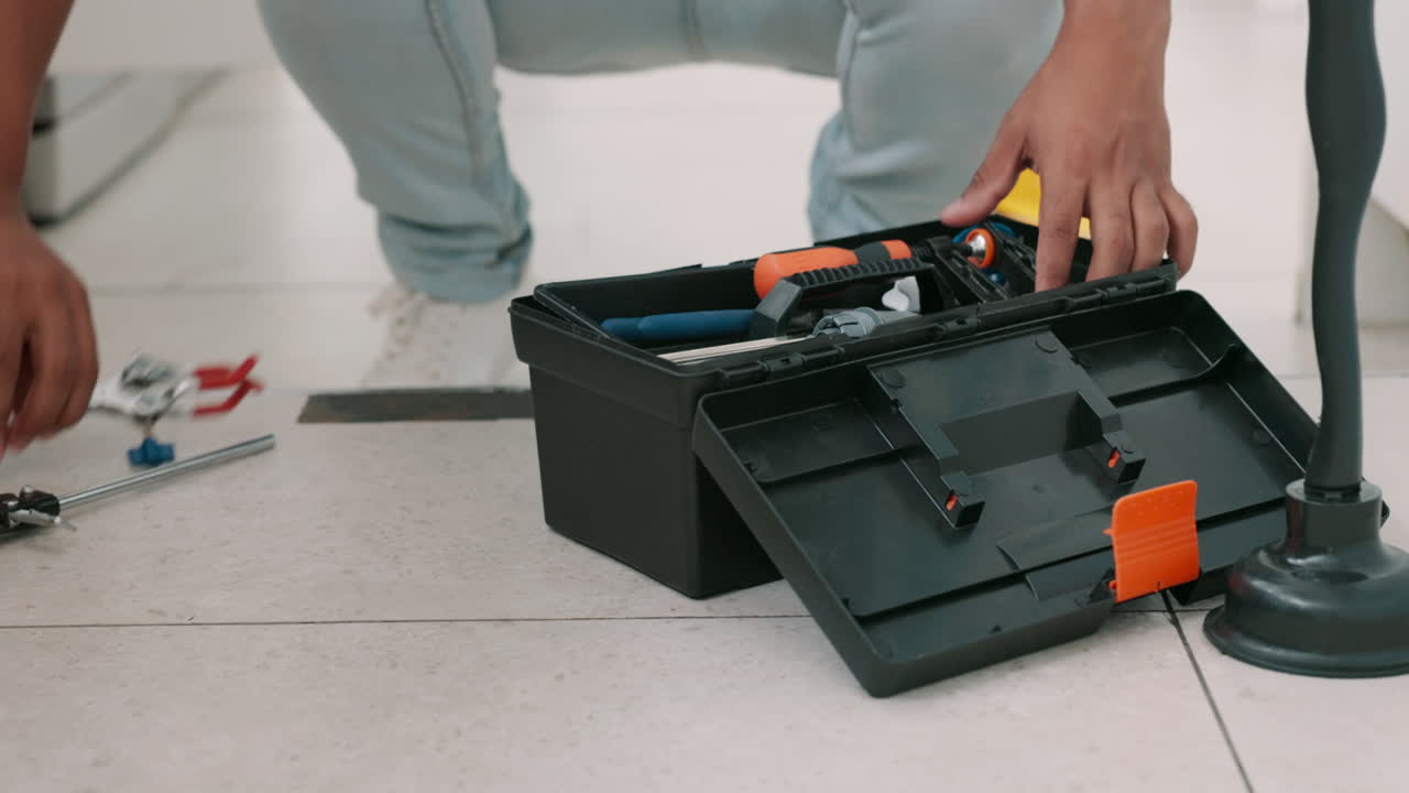 Repair, maintenance and man with box of tools