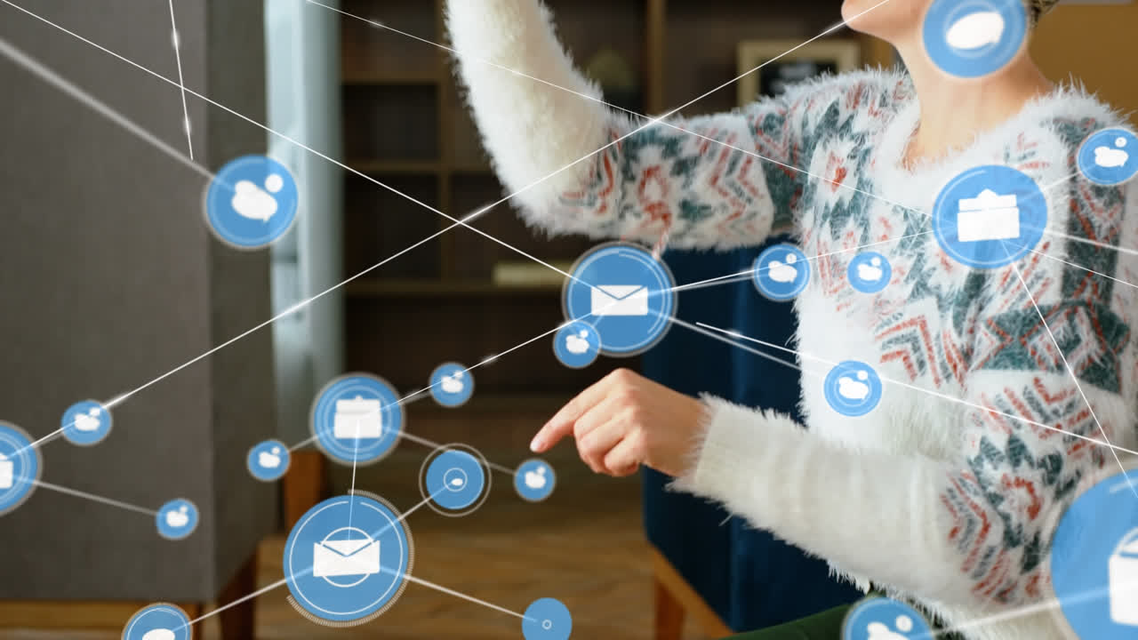 Animazione di reti di connessioni e una donna d'affari con visore VR telefonico