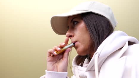 chica con capucha y gorra inhala vapor de cigarrillo electrónico y exhala humo blanco