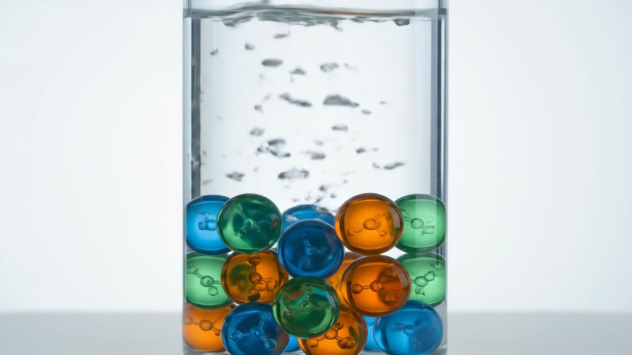Colorful Molecule Spheres Dropping into Water in Glass Cylinder
