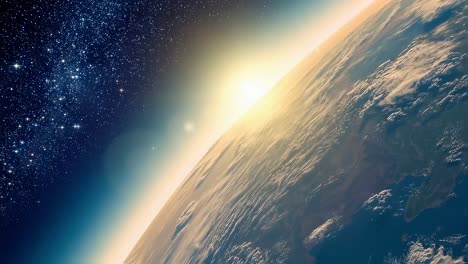 sunlight breaking through cloudy atmosphere, revealing earth's silhouette against starry cosmic backdrop, highlighting planetary beauty and vastness of space