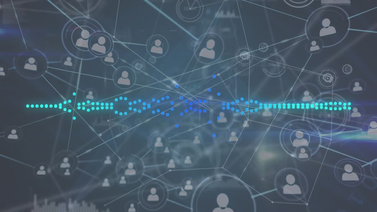 Animation of data processing with network of connections on black background