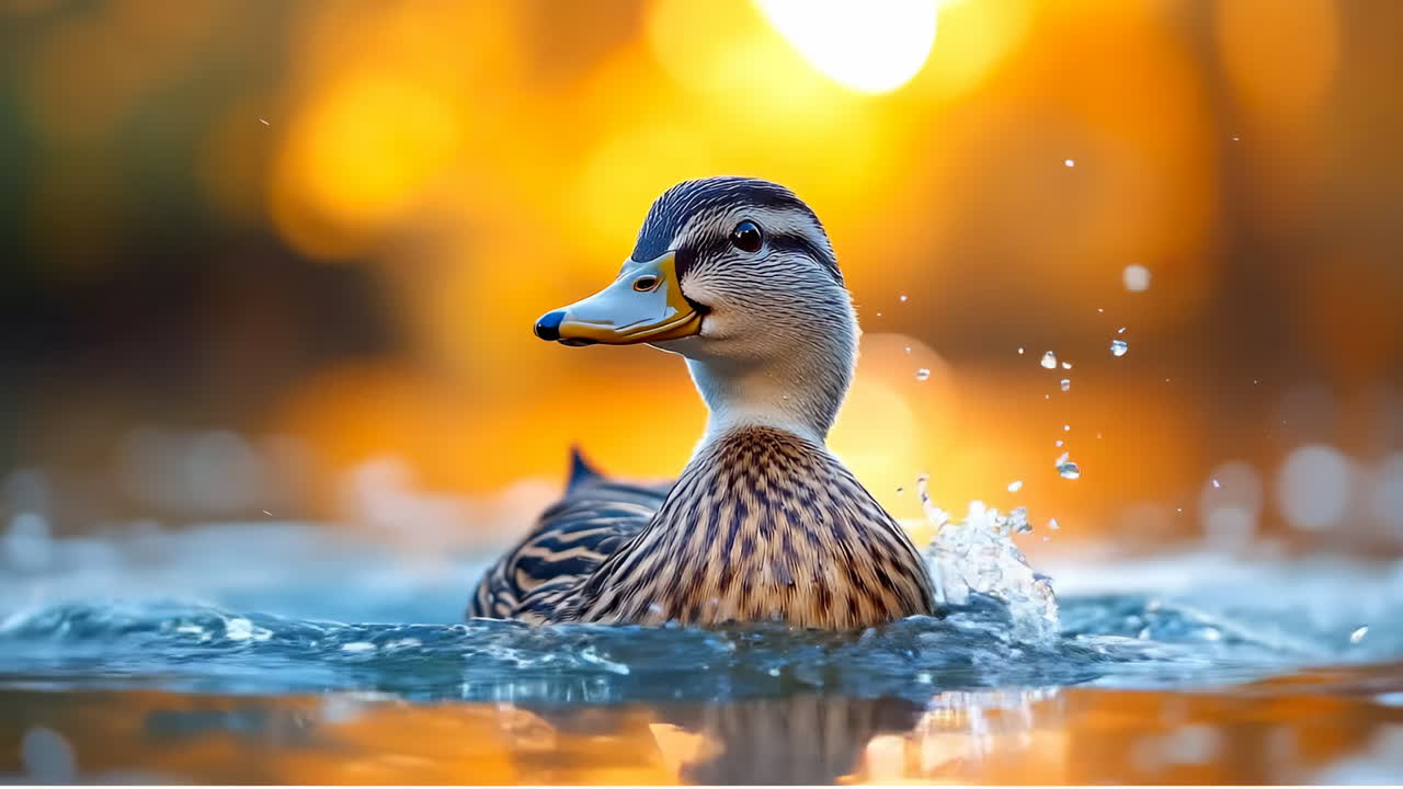 Duck swimming in serene evening light. A duck glides on the water, surrounded by warm golden light during a calm evening, droplets falling from its beak