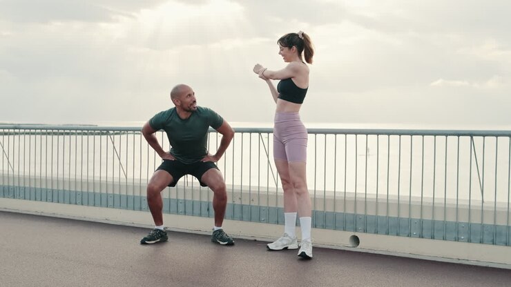Athletic Couple Stretching and Talking Outdoors by the Sea