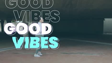 animation of good vibes text in repetition in outline, white and blue over woman jogging