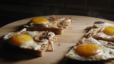 delicious egg toast with champignon mushrooms freshly cooked for breakfast