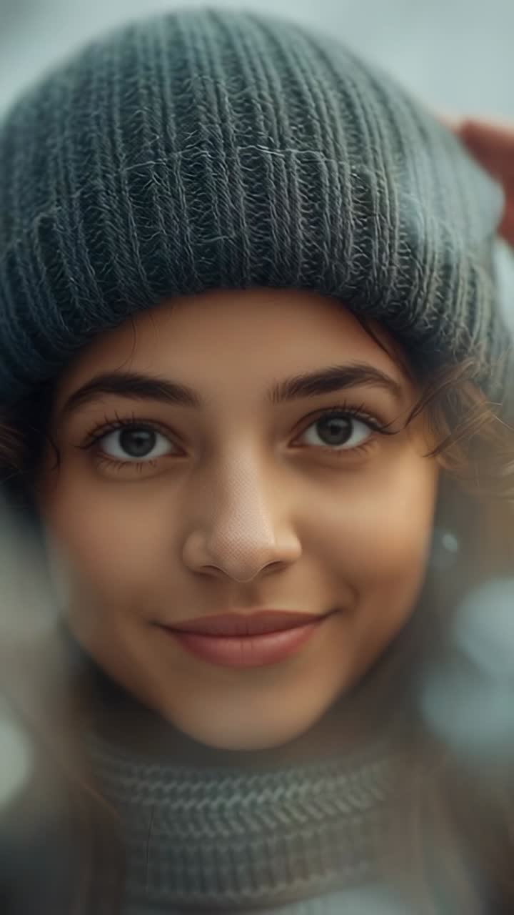 Vertical video: Holding gaze, woman lifting and adjusting grey beanie wearing sweater outside