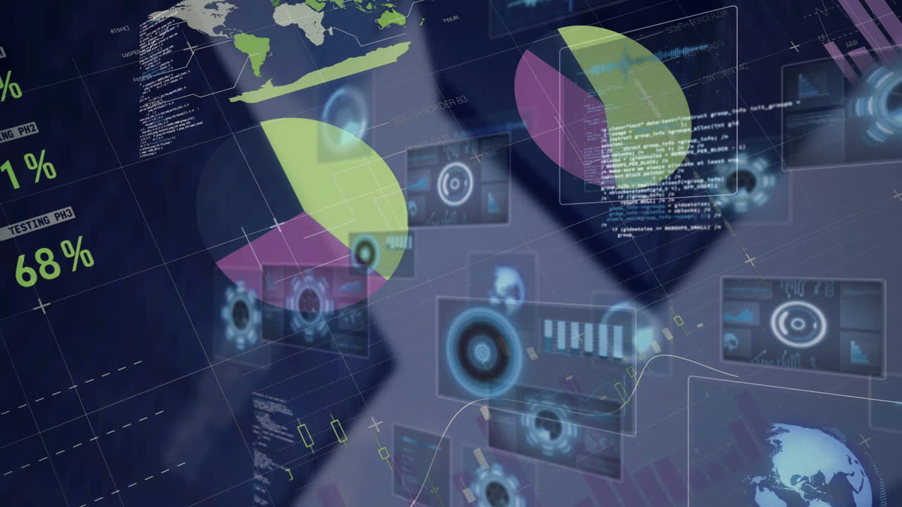 Animation of circle, multiple graphs, globe, database and programming language on blue background