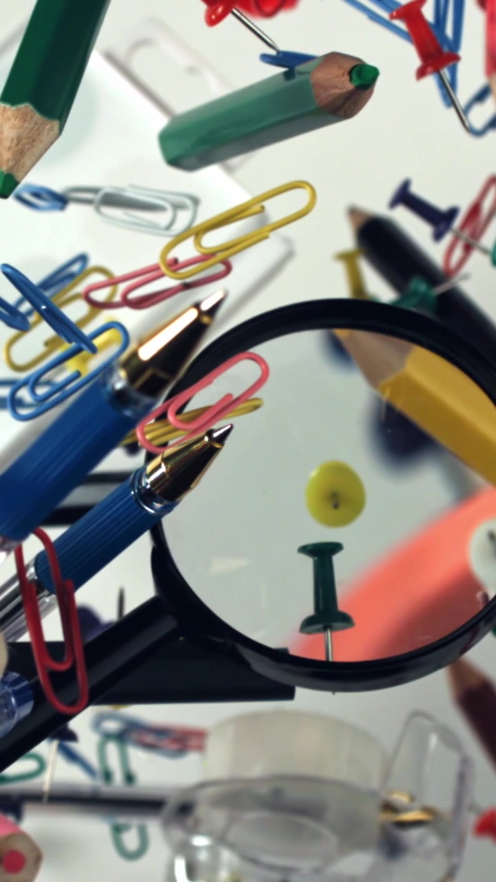 Colorful Office and School Supplies Floating on White Background