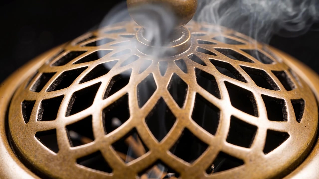Metal burner lid emitting smoke, shifting wisps into curling plume in close-up, from charcoal below