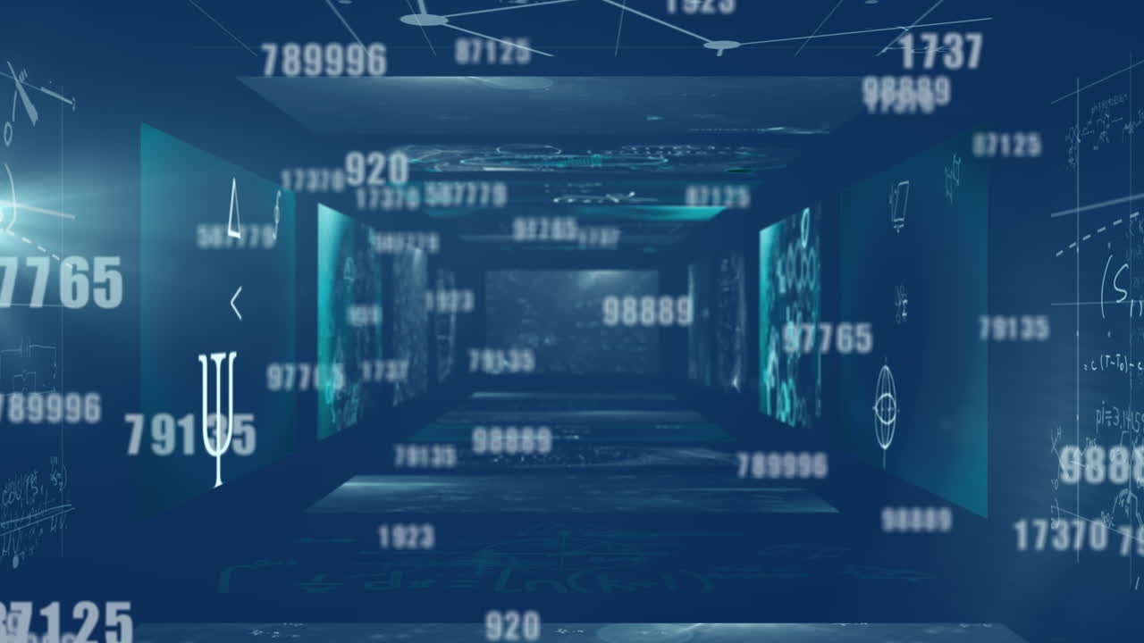 Multiple increasing numbers against digital screen with mathematical equations