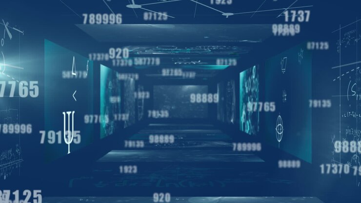 Multiple increasing numbers against digital screen with mathematical equations
