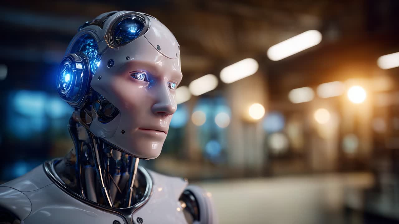 Videodaki ilk ve son karelerde, modern bir ortamda gelişmiş teknolojiyi sergileyen LED özelliklerine sahip fütüristik bir insansı robot