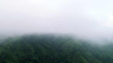 Dense-fog-covering-top-of-mountain-with-lush-forest-after-last-rains-of-autumn-season-in-India