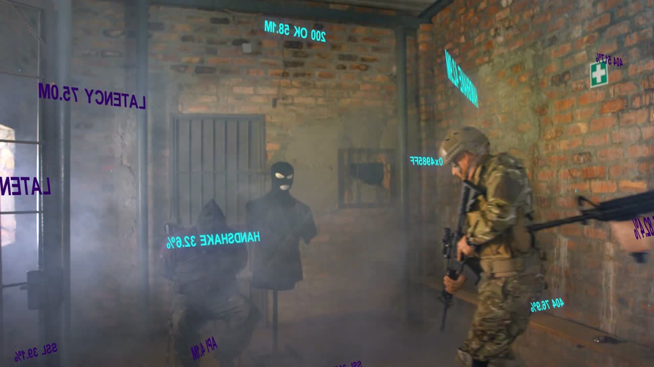 Soldiers sweeping room after ally entry engaging mannequin targets with AR overlay during training