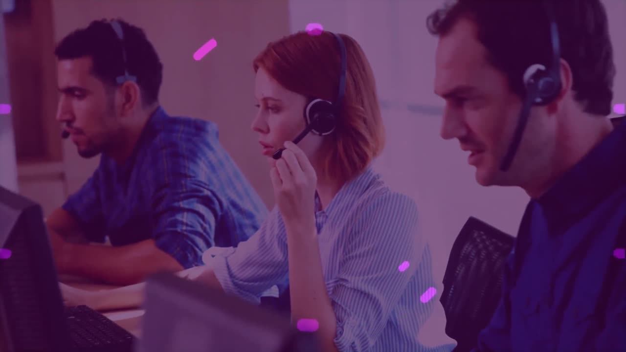 Animation of network of connections over office workers wearing headsets