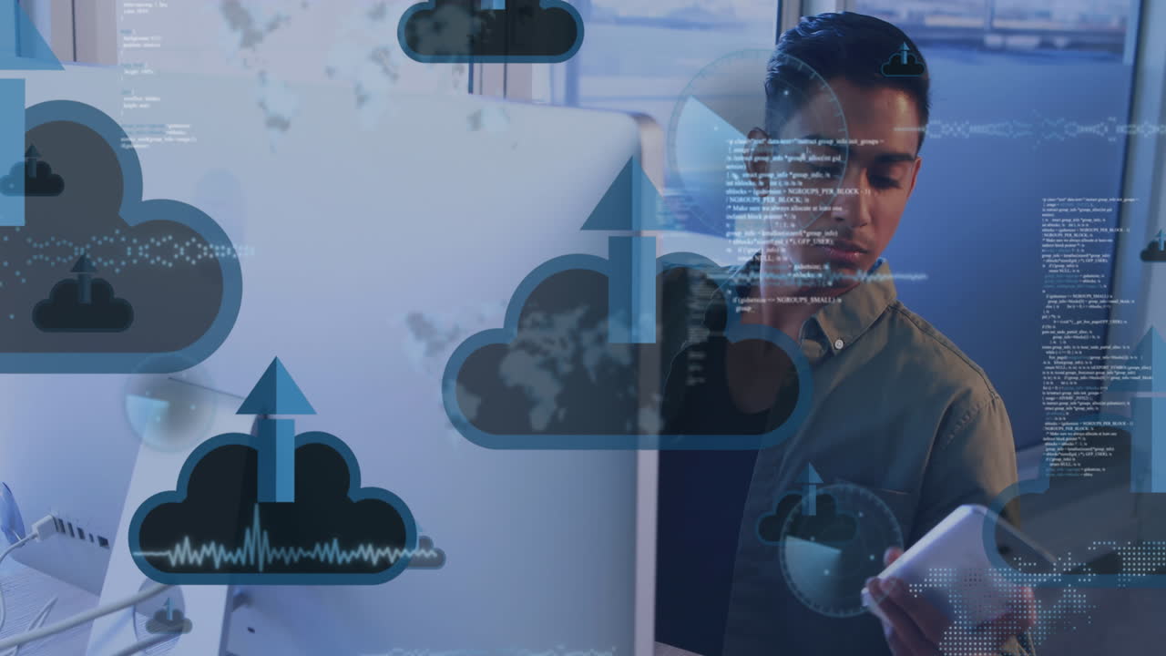 Animation of digital icons and data processing over man using computer