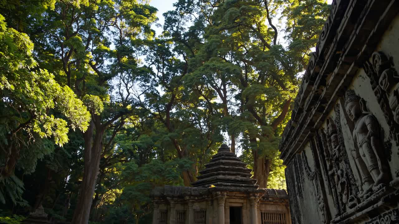 A serene video scene of ancient temple ruins surrounded by lush trees, captured from a low angle