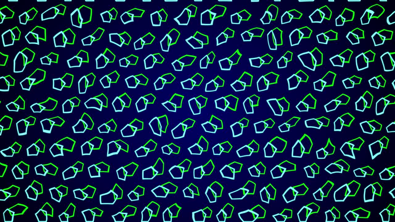 Moving stroked outlined pentagon polygon ring forms with geometric glows and flashes on dark gradient background visual effects abstract motion graphics and vivid neon lines colours blue green lime