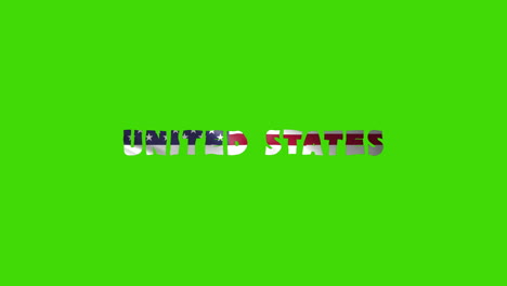 united states country wiggle text animation lettering with her waving flag blend in as a texture - green screen background chroma key loopable video