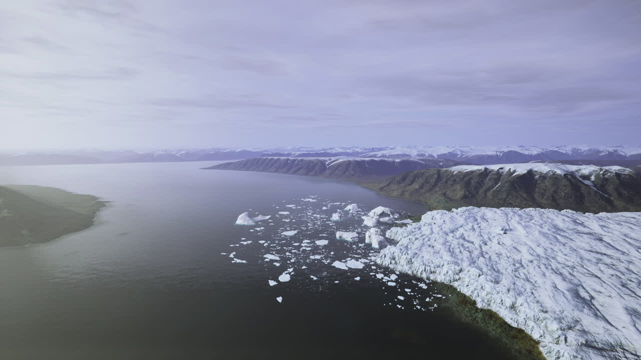 Glacial landscape featuring icebergs and mountainous terrain under a cloudy sky