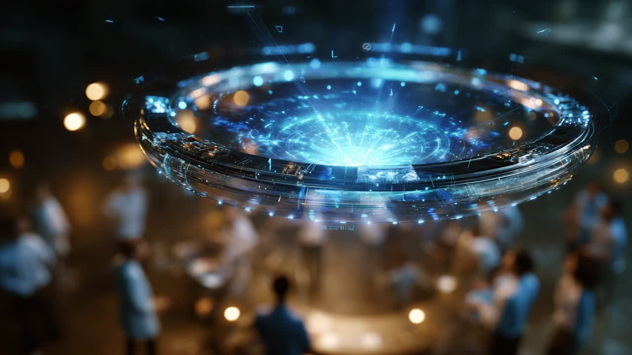A mesmerizing technological display showcases a luminous, holographic circular interface surrounded by attentive figures, illuminated by glowing lights, creating an atmosphere of innovation and discovery