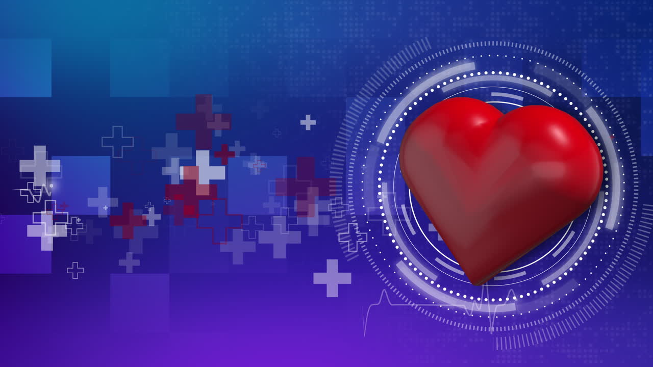 Blue medical abstract background with geometric healthcare symbols and icons. Red 3D heart with HUD element. Looped scientific motion graphic.