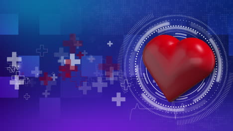 blue medical abstract background with geometric healthcare symbols and icons. red 3d heart with hud element. looped scientific motion graphic.