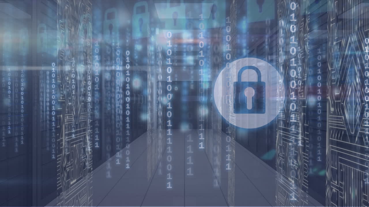 animación de código binario y candado sobre servidores