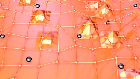 low poly 3d surface with flying grid or mesh and black spheres as transforming environment. soft geometric low poly background of pure pink orange red polygons. 4k fullhd seamless loop background