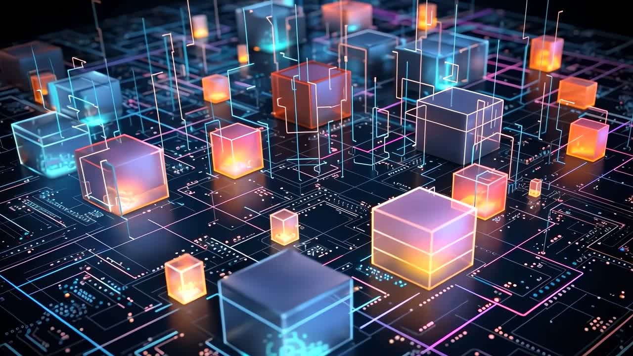 Futuristic video concept of glowing cubes on a circuit board