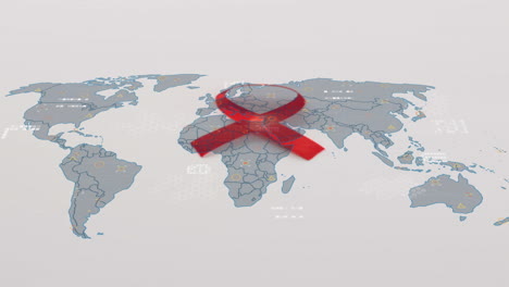 animation of red ribbon and data processing over world map on white background