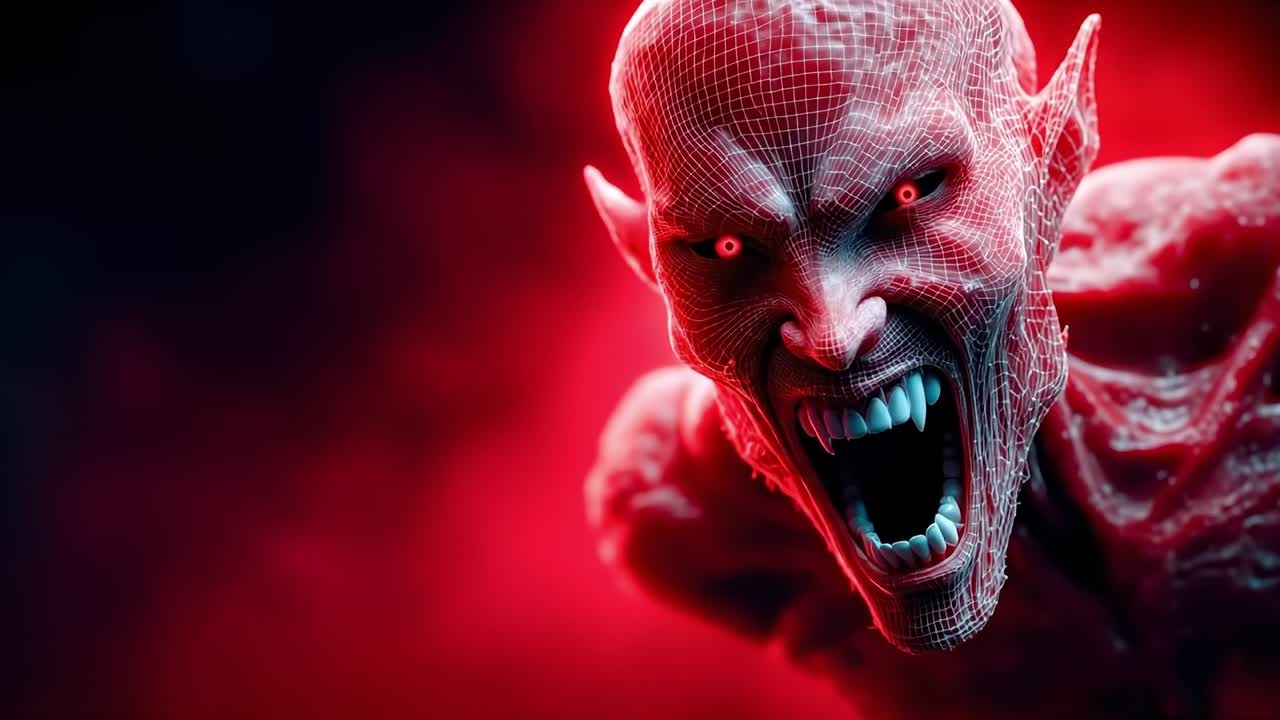 A close up of a demonic face with red eyes and fangs