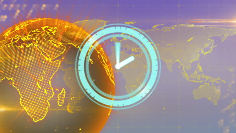 animation of clock moving fast over globe spinning in background